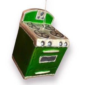 Blown Glass Green Silver Kitchen Stove Oven Christmas Ornament - Chef Cook Baker